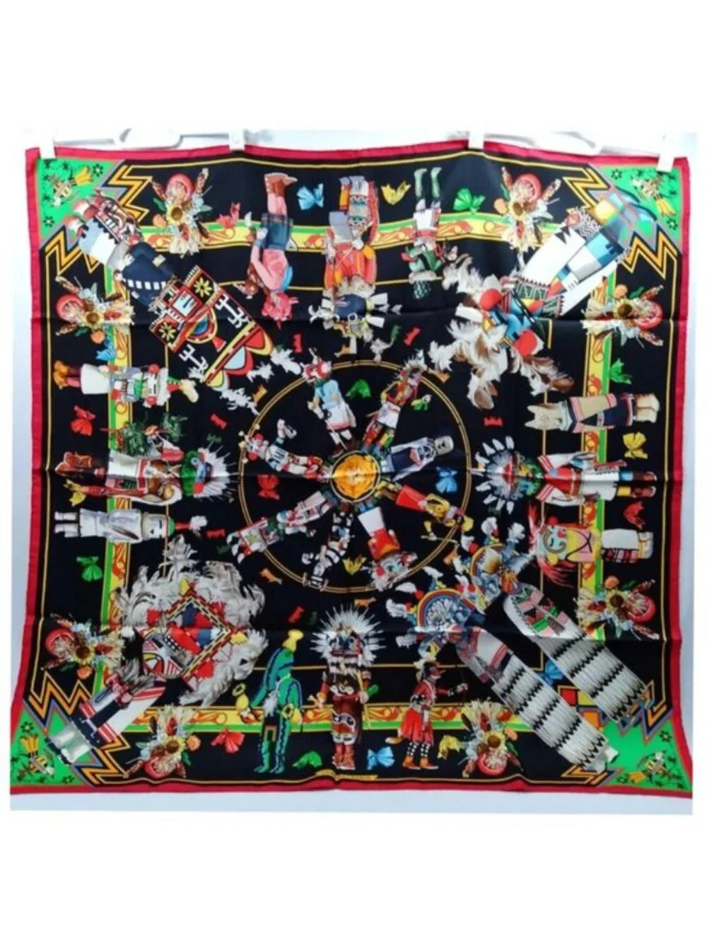 Authentic Hermès Kachinas Carré 90 Silk Scarf Black Multicolor